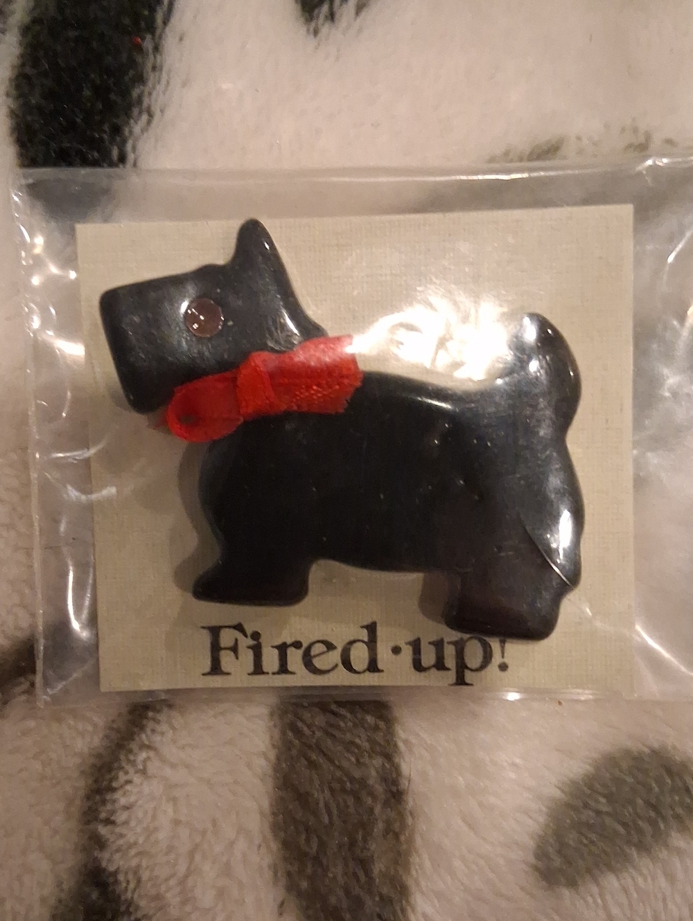 Rare Vintage Ceramic Black Scottie Dog Pin with Red Bow By Fired Up